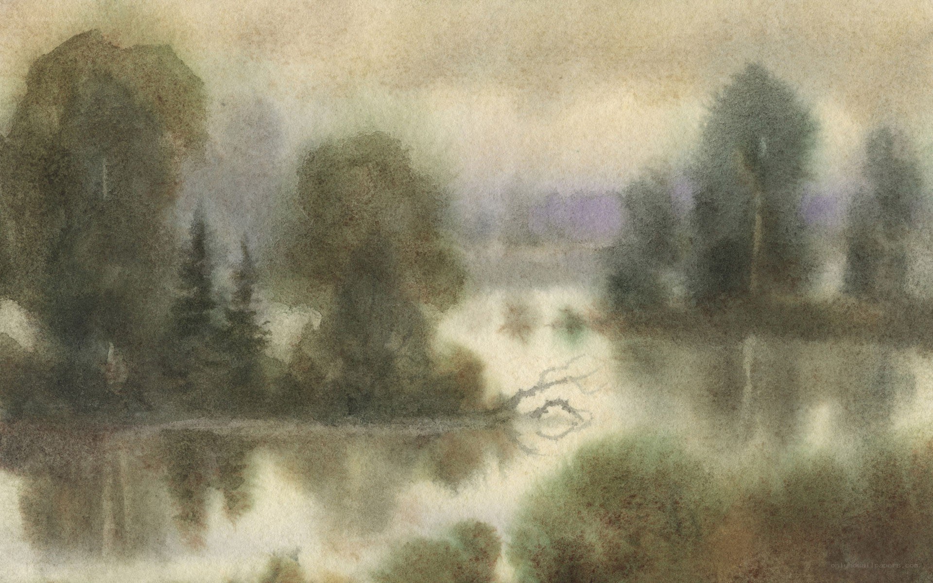 Misty forest lake landscape
