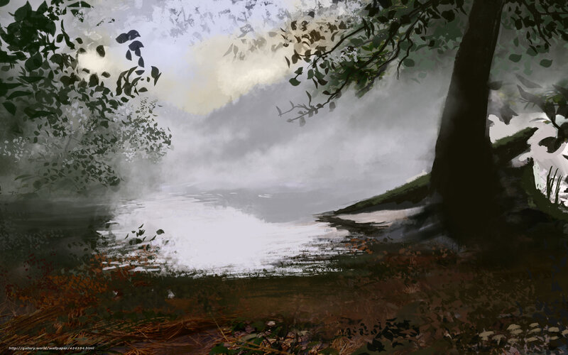 Misty forest lake scene