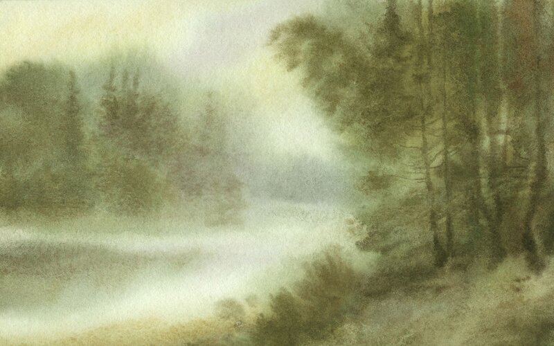 Misty Forest Landscape — Green, Serene, Morning, Painting, Trees