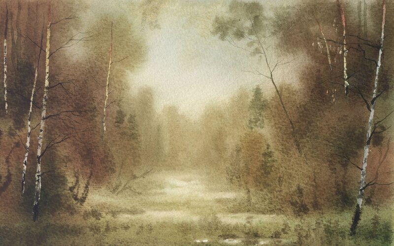 Misty Forest Path — Brown, Serene, Morning, Painting