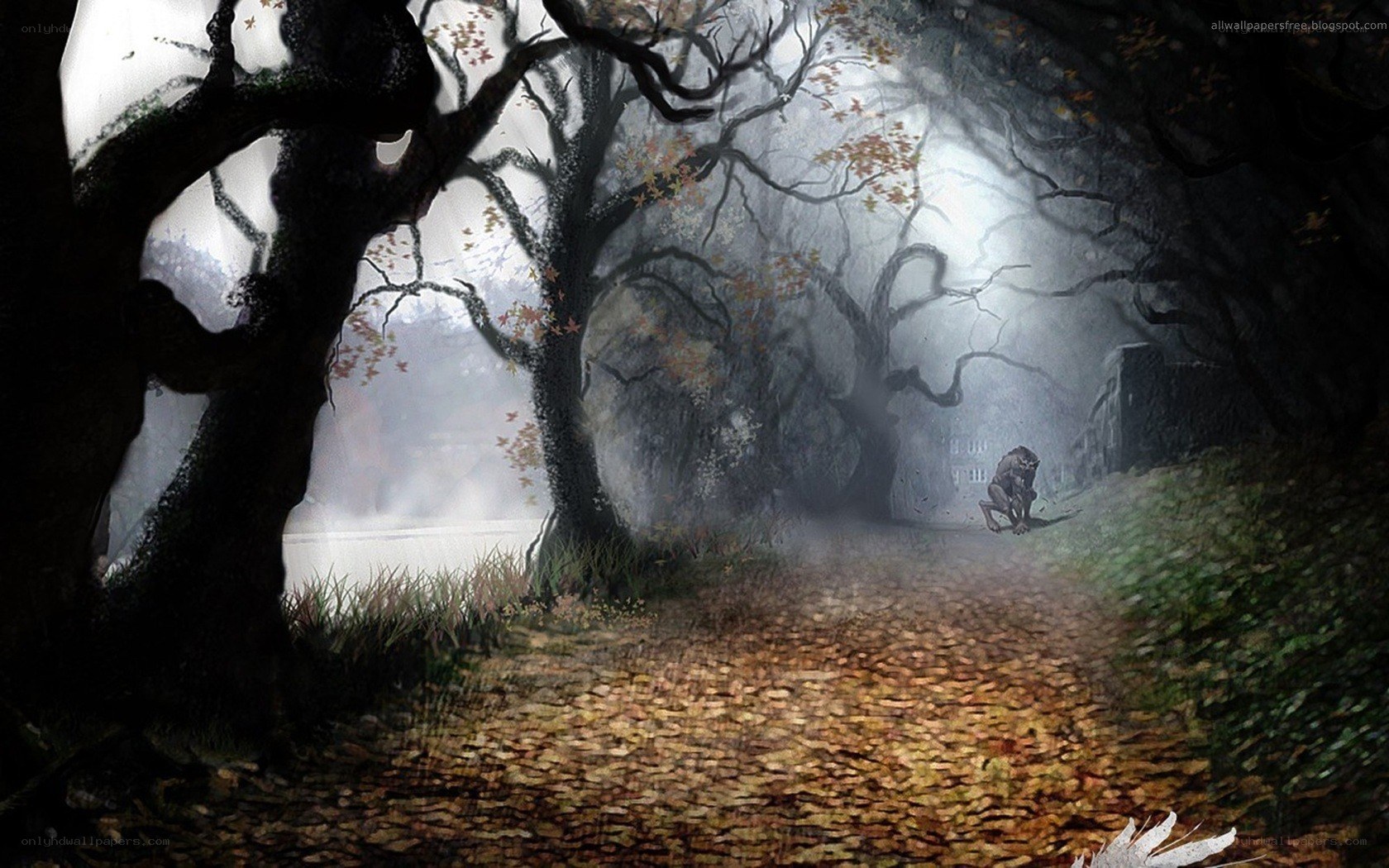 Misty forest path with creature