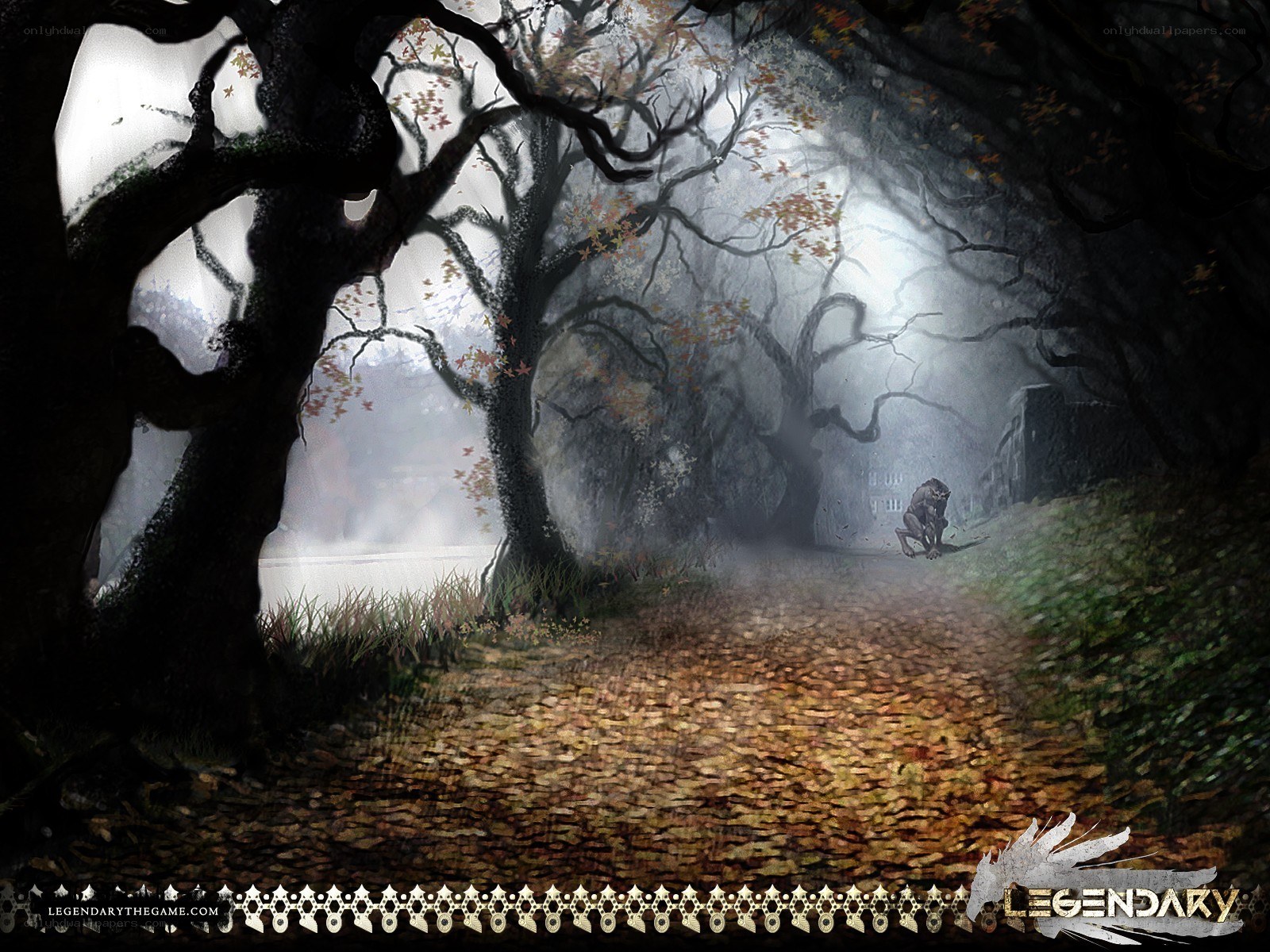 Misty forest path with creature