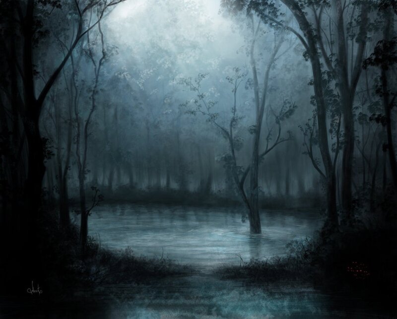 Misty Forest Pond — Blue