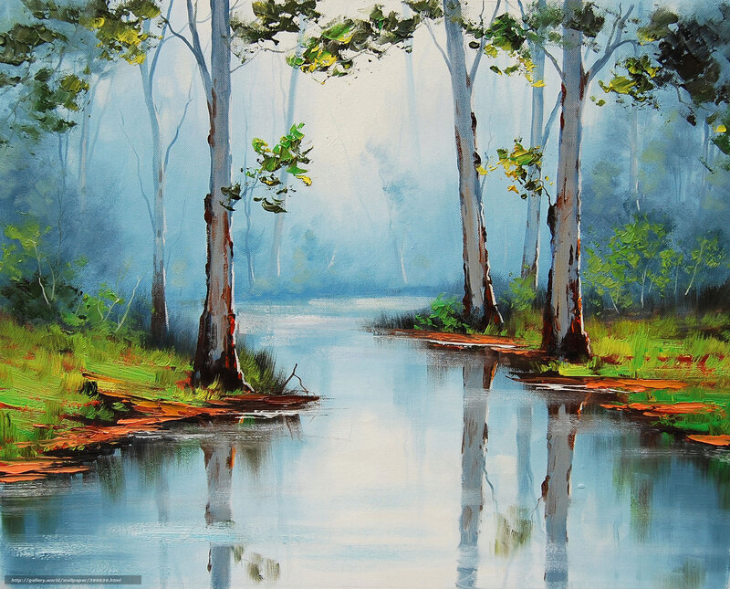 Misty forest river scene