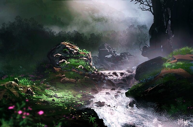 Misty forest stream
