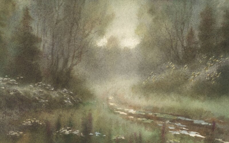 Misty Forest Stream — Green, Morning