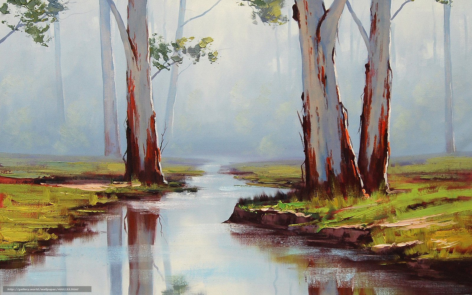 Misty forest stream painting