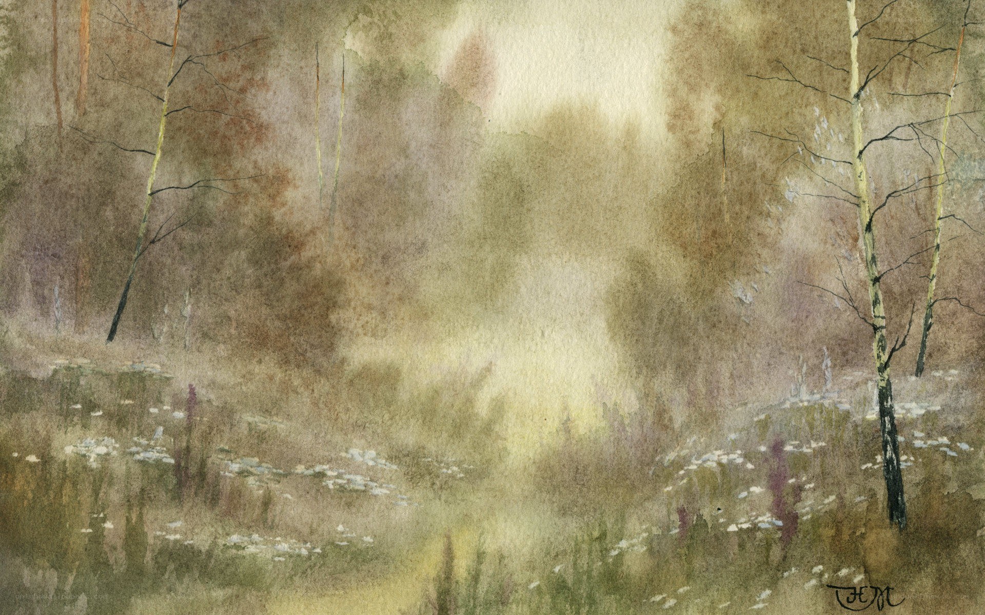 Misty forest watercolor