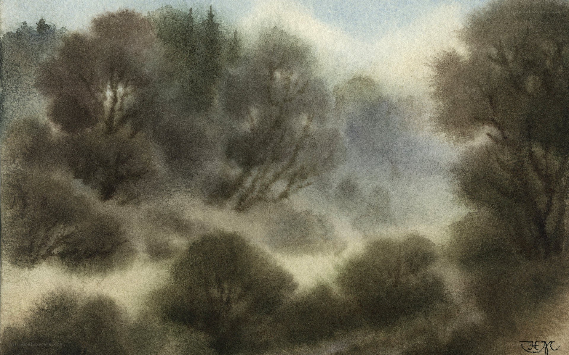 Misty forest watercolor
