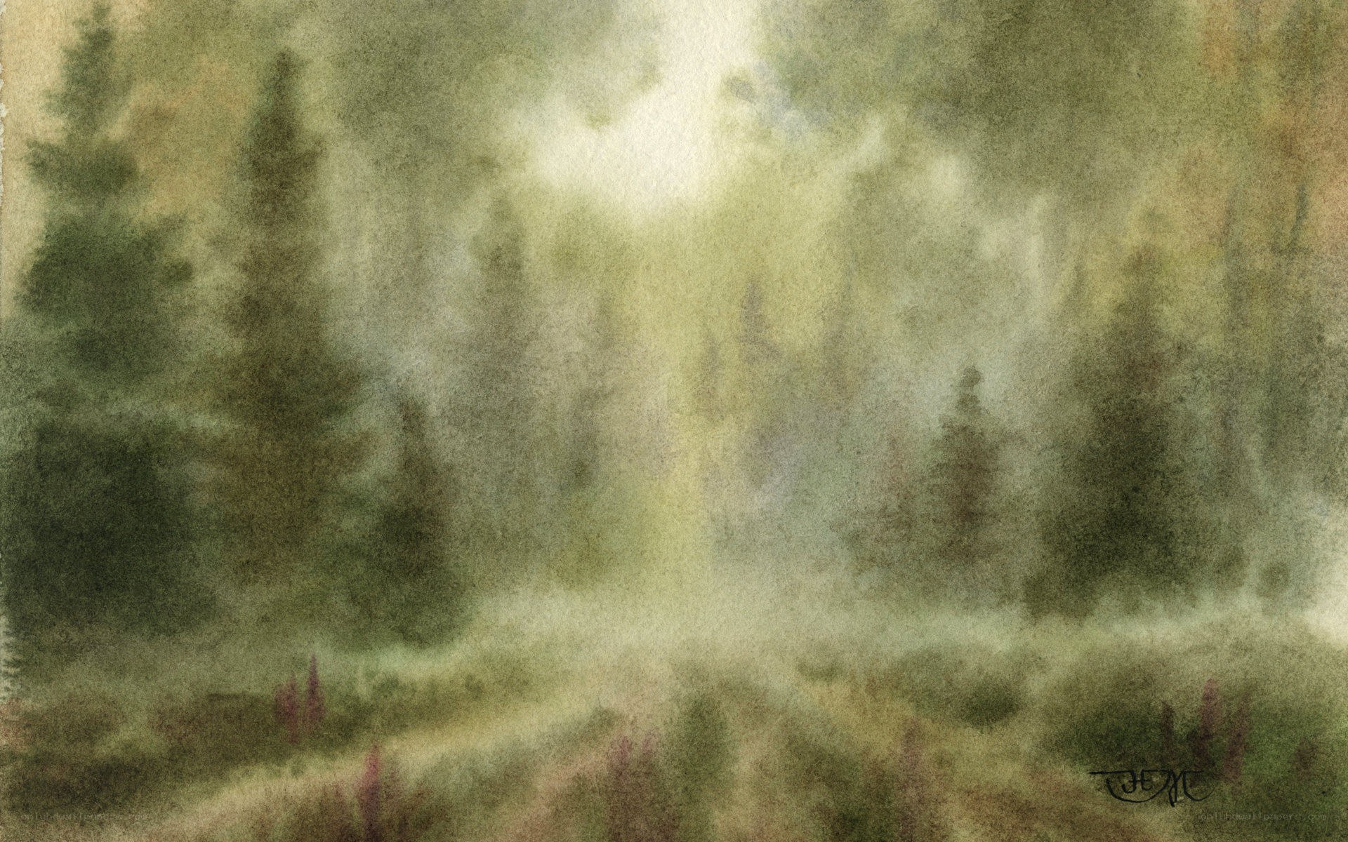 Misty forest watercolor