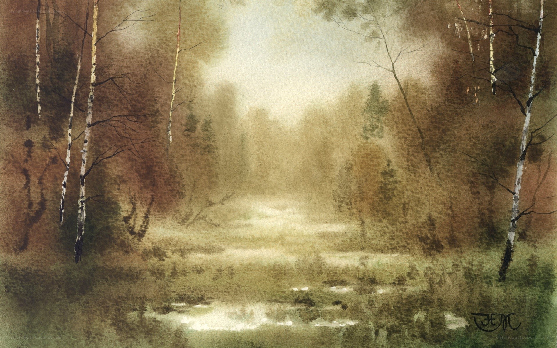 Misty forest watercolor