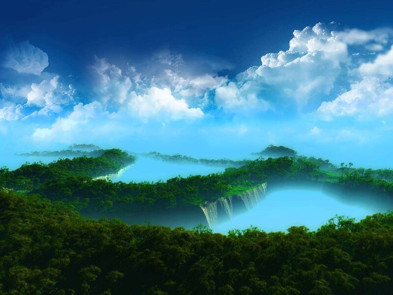 Misty forest waterfall landscape
