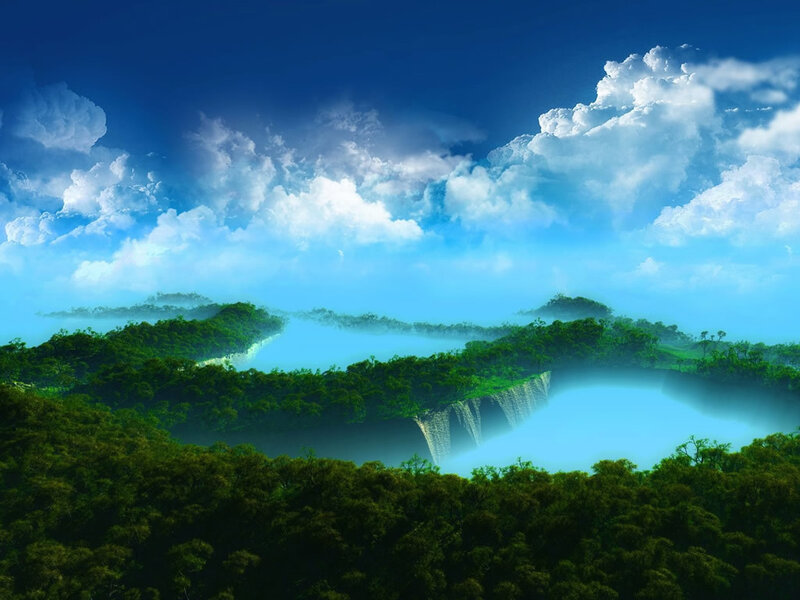 Misty forest waterfall landscape