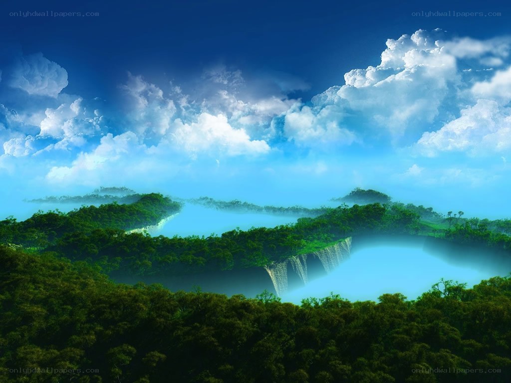 Misty forest waterfall landscape