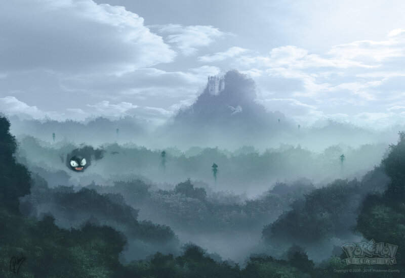 Misty forest with castle and Pokémon