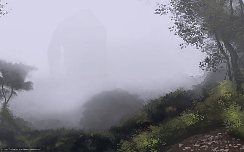Misty forest with giant statue