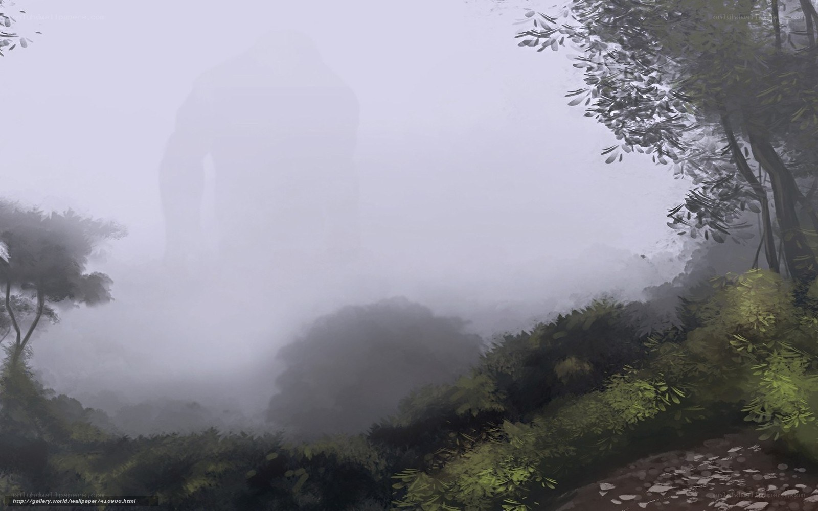 Misty forest with giant statue