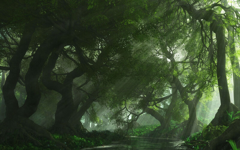 Misty Forest with River — Green