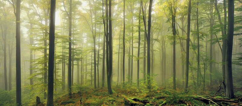 Misty Forest with Tall Trees — Green, Serene, Morning, Photograph