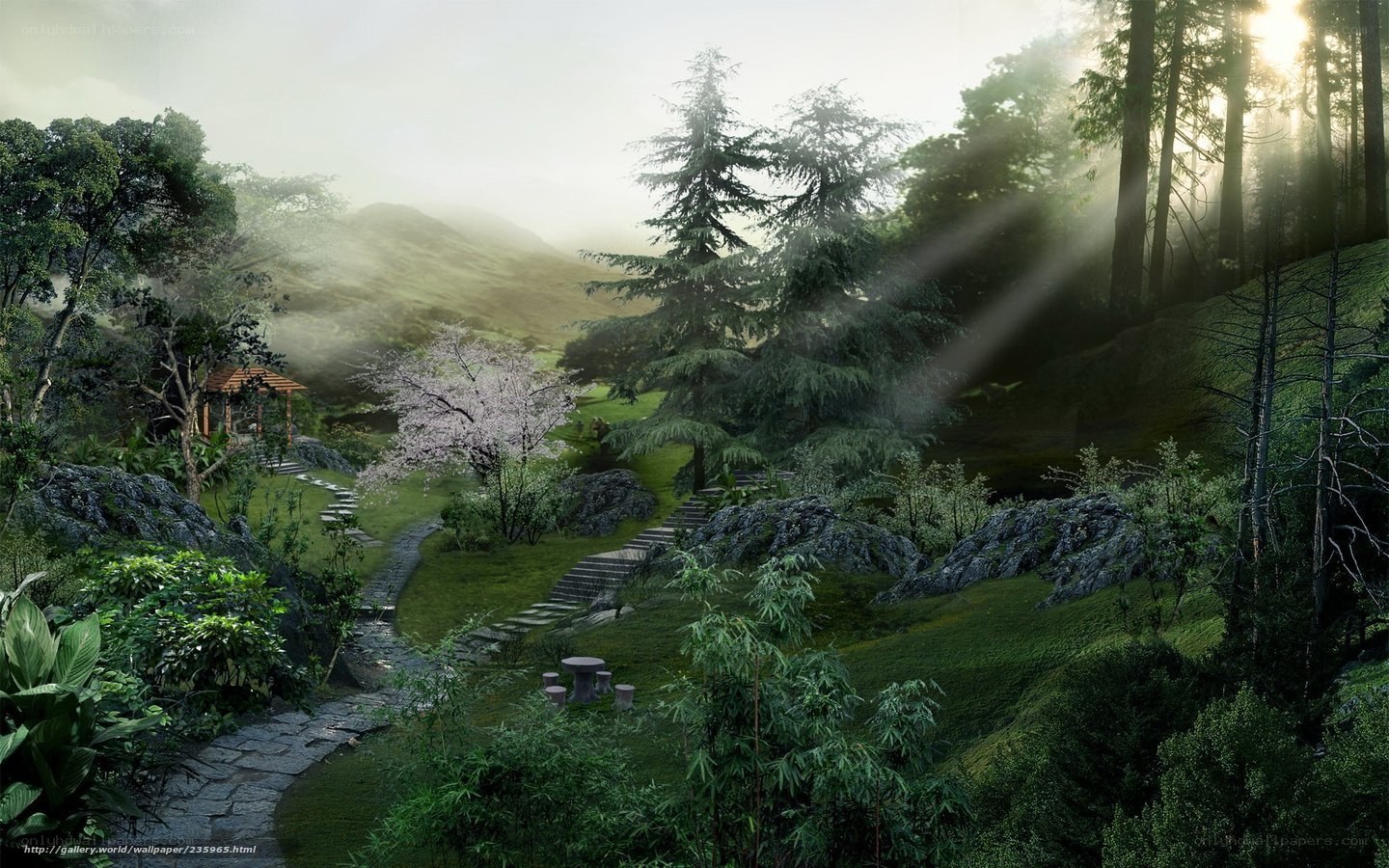 Misty garden path with gazebo