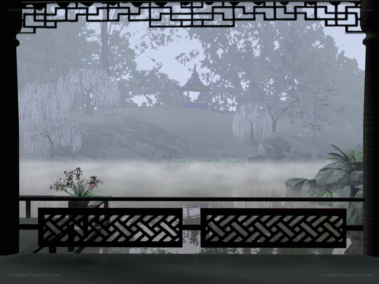 Misty garden pavilion view