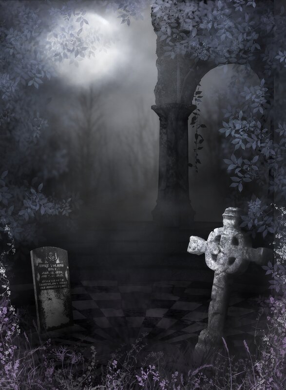 Misty graveyard at night