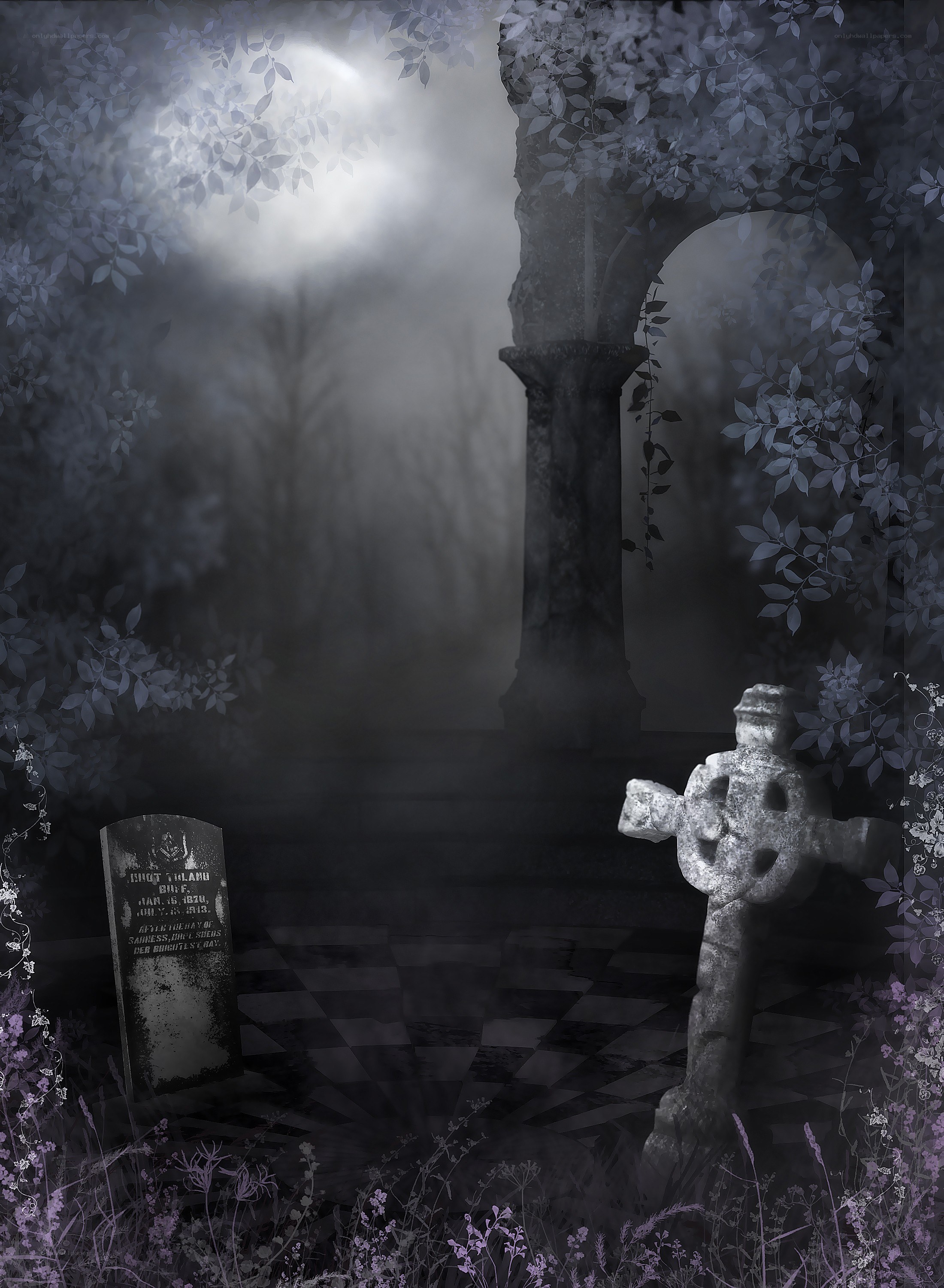 Misty graveyard at night
