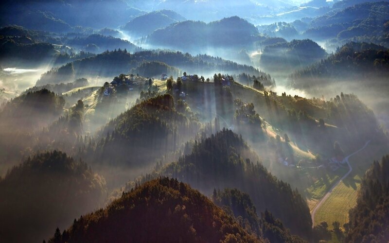 Misty Hills at Sunrise — Green, Serene