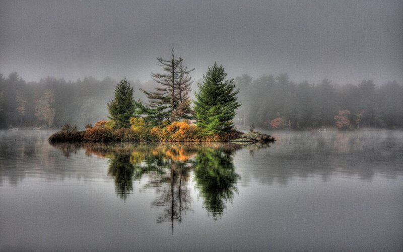 Misty island in autumn fog