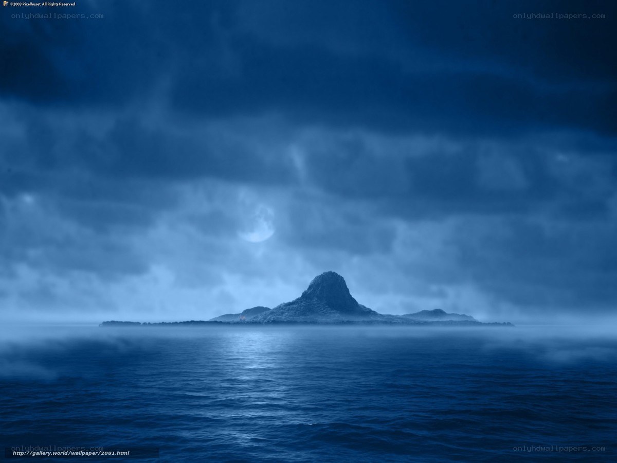 Misty island under moonlight