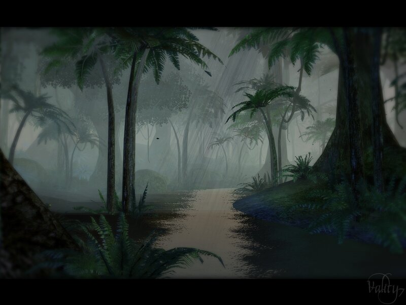 Misty jungle river scene