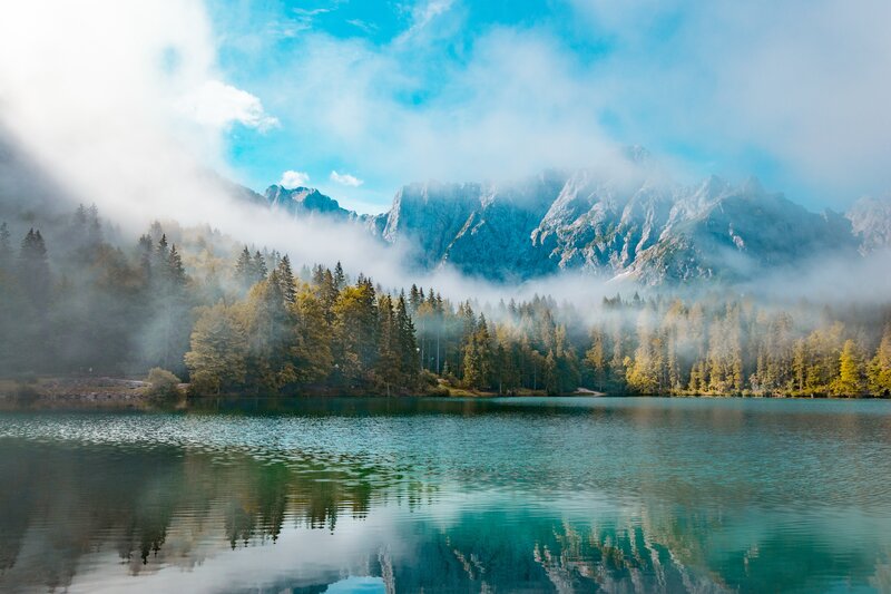 Misty Lake and Mountains — Blue, Serene, Morning, Photograph, Forest, Clouds, Reflection