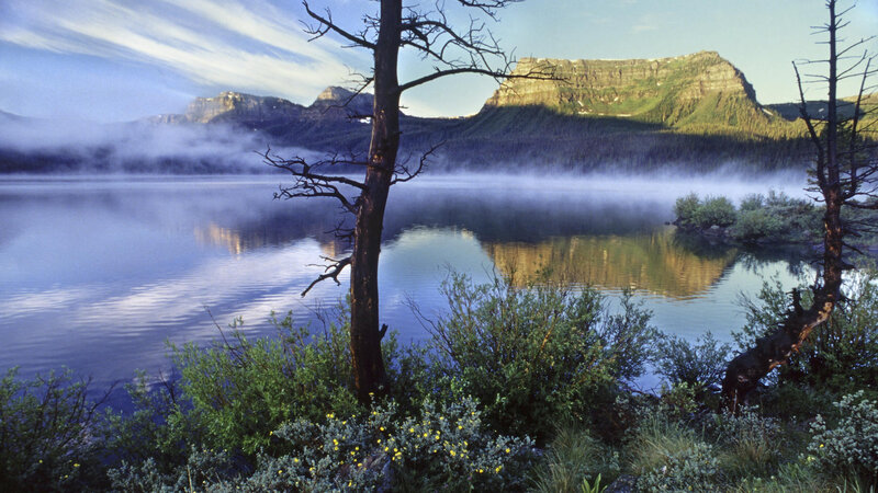 Misty Lake and Mountains — Blue, Serene, Morning, Photograph