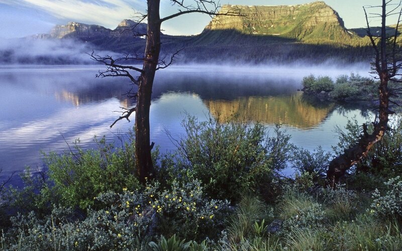 Misty Lake and Mountains — Blue, Serene, Morning, Photograph, Trees