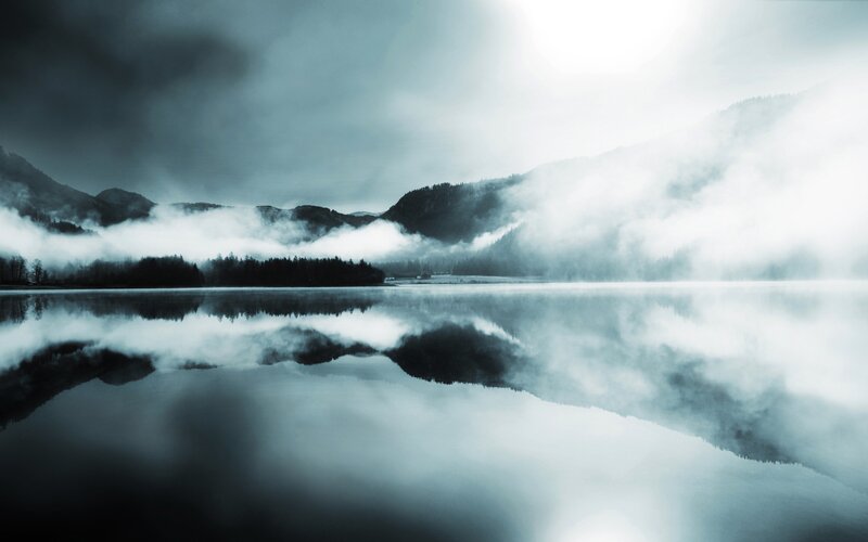 Misty Lake and Mountains — Blue, Serene