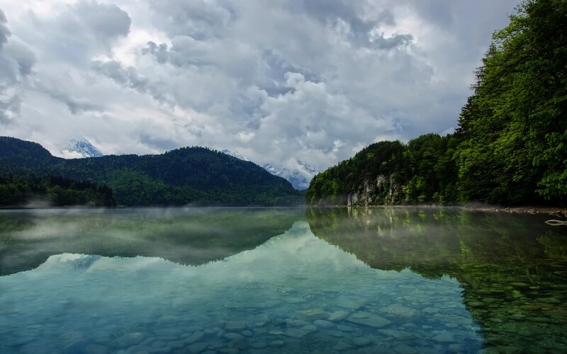 Misty Lake and Mountains — Green, Serene, Morning, Photograph, Forest