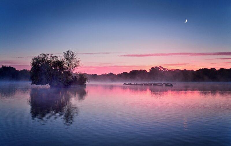Misty Lake at Dawn — Blue, Serene, Morning, Photograph, Moon