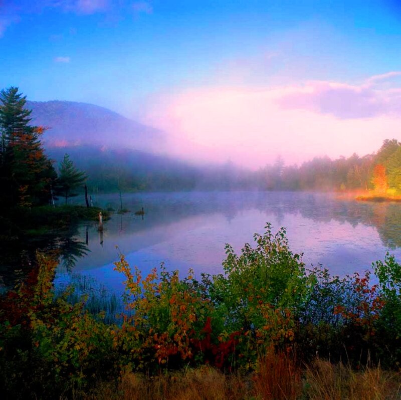 Misty Lake at Dawn — Blue, Serene, Morning, Photograph, Mountain