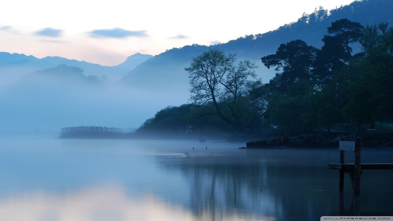Misty Lake at Dawn — Blue, Serene, Morning, Photograph, Mountains