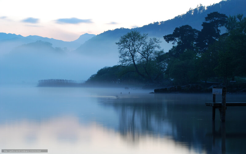 Misty Lake at Dawn — Blue, Serene, Morning, Photograph, Mountains, Trees