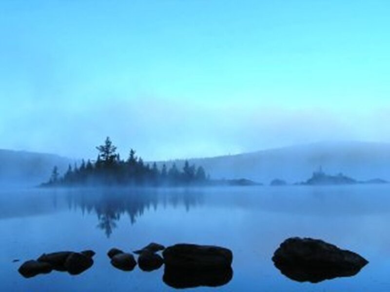 Misty Lake at Dawn — Blue, Serene, Morning, Photograph