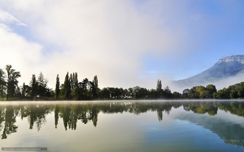 Misty Lake at Dawn — Blue, Serene, Morning, Photograph, Trees, Mountain, Fog