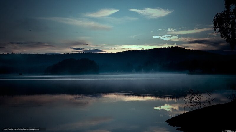Misty Lake at Dawn — Blue, Serene, Photograph, Fog
