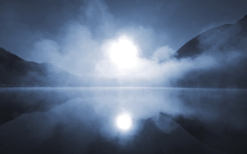 Misty Lake at Dawn — Blue, Serene, Photograph, Mountains, Fog, Sun