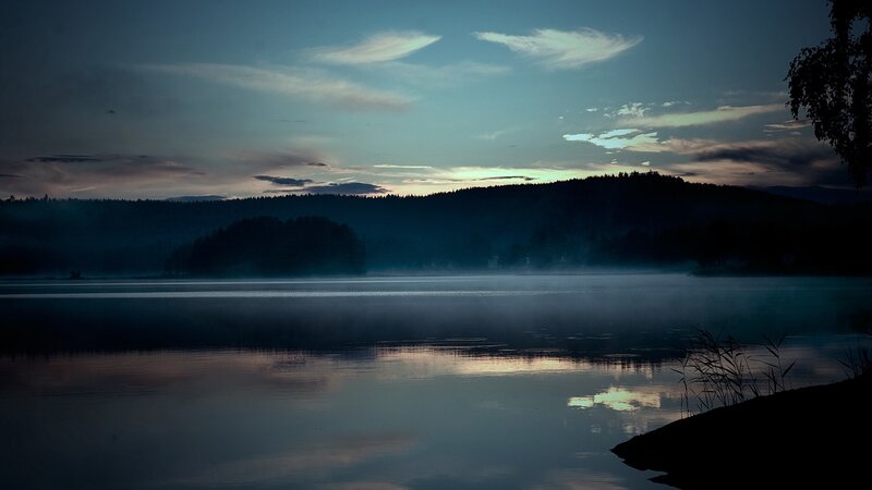 Misty Lake at Dawn — Blue, Serene, Photograph, Trees, Fog, Sky, Gray, Black