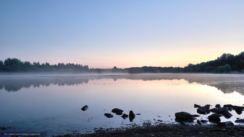 Misty Lake at Dawn — Blue, Serene, Sunrise