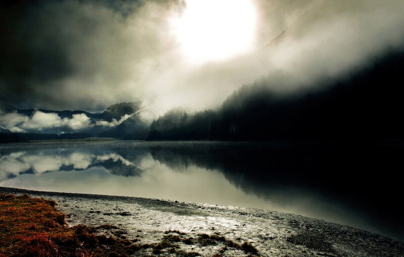 Misty Lake at Dawn — Gray, Dramatic