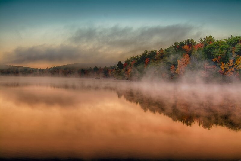 Misty Lake at Dawn — Orange, Serene