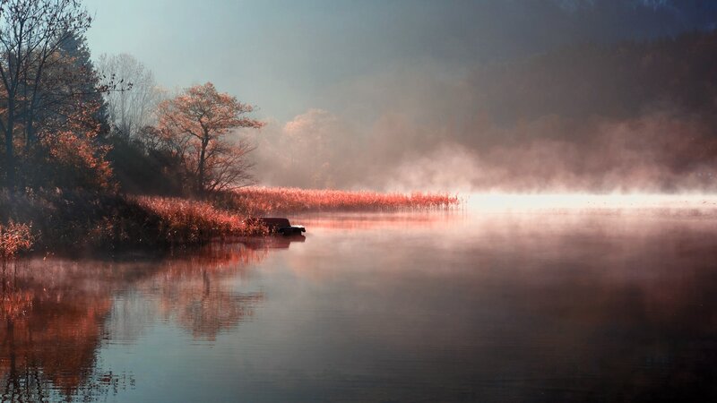 Misty Lake at Dawn — Red