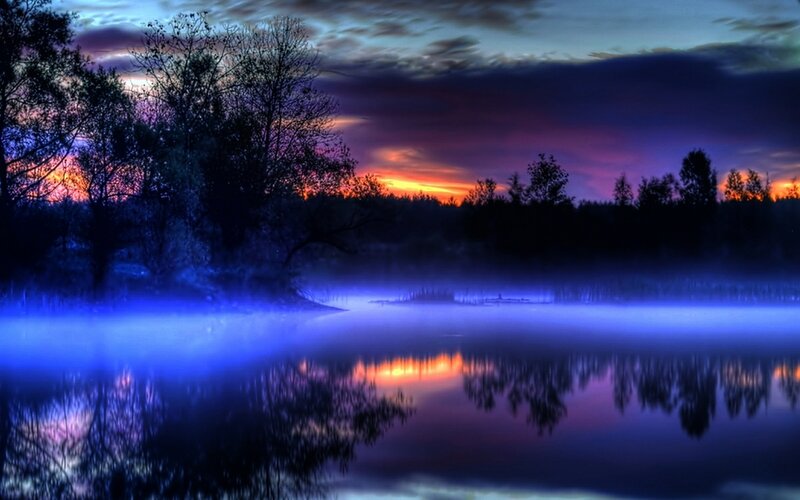 Misty Lake at Dusk — Blue, Serene